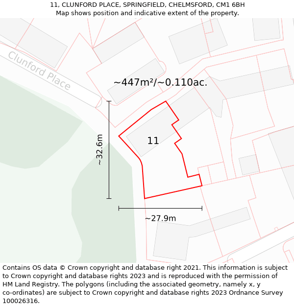 11, CLUNFORD PLACE, SPRINGFIELD, CHELMSFORD, CM1 6BH: Plot and title map