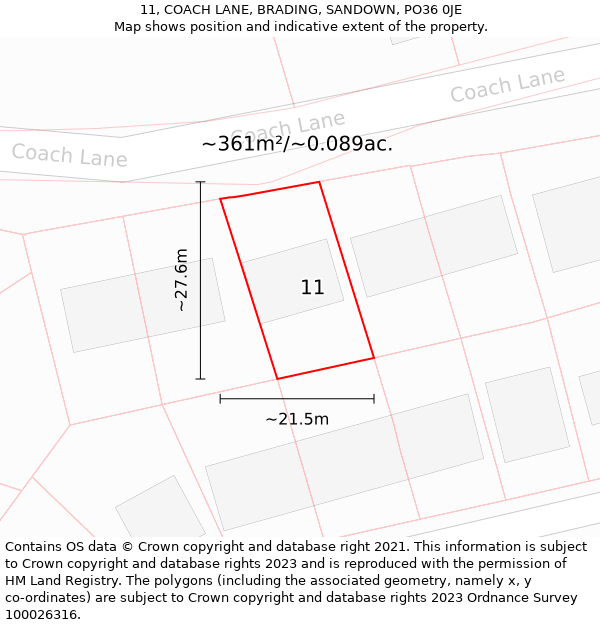 11, COACH LANE, BRADING, SANDOWN, PO36 0JE: Plot and title map