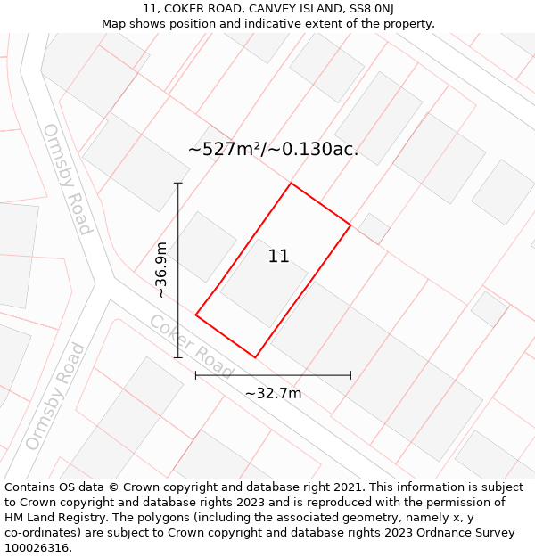 11, COKER ROAD, CANVEY ISLAND, SS8 0NJ: Plot and title map