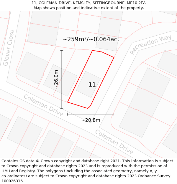 11, COLEMAN DRIVE, KEMSLEY, SITTINGBOURNE, ME10 2EA: Plot and title map