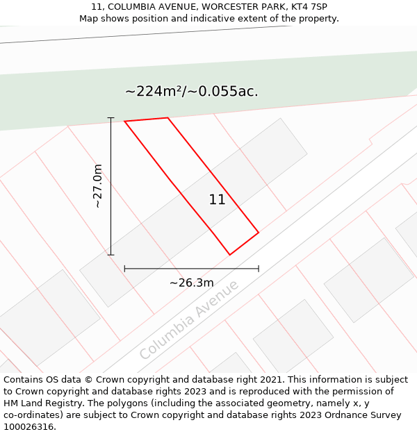 11, COLUMBIA AVENUE, WORCESTER PARK, KT4 7SP: Plot and title map