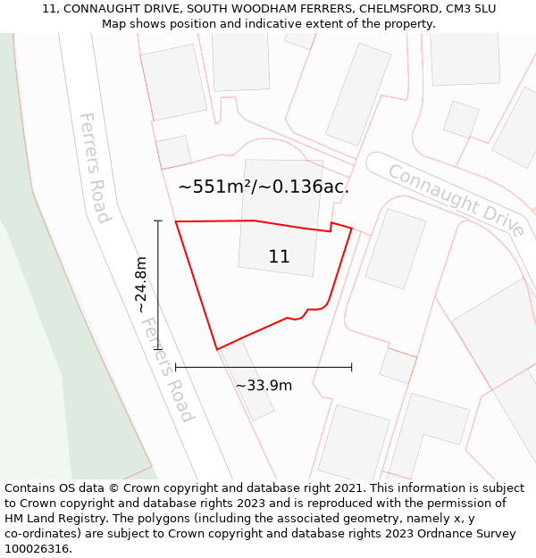11, CONNAUGHT DRIVE, SOUTH WOODHAM FERRERS, CHELMSFORD, CM3 5LU: Plot and title map