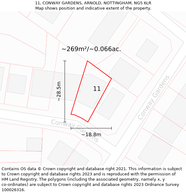 11, CONWAY GARDENS, ARNOLD, NOTTINGHAM, NG5 6LR: Plot and title map