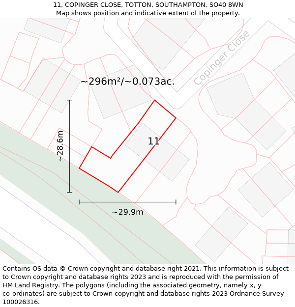 11, COPINGER CLOSE, TOTTON, SOUTHAMPTON, SO40 8WN: Plot and title map