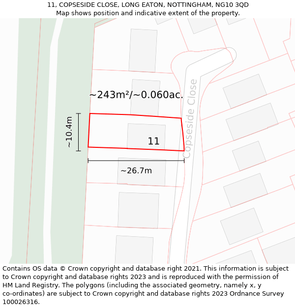 11, COPSESIDE CLOSE, LONG EATON, NOTTINGHAM, NG10 3QD: Plot and title map