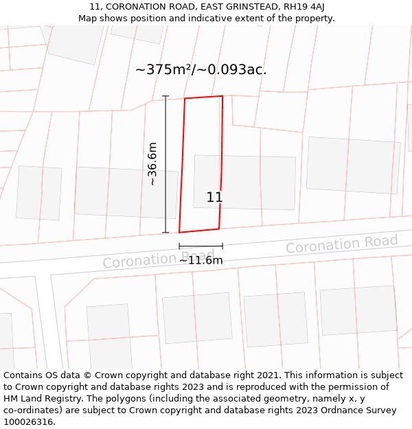 11, CORONATION ROAD, EAST GRINSTEAD, RH19 4AJ: Plot and title map