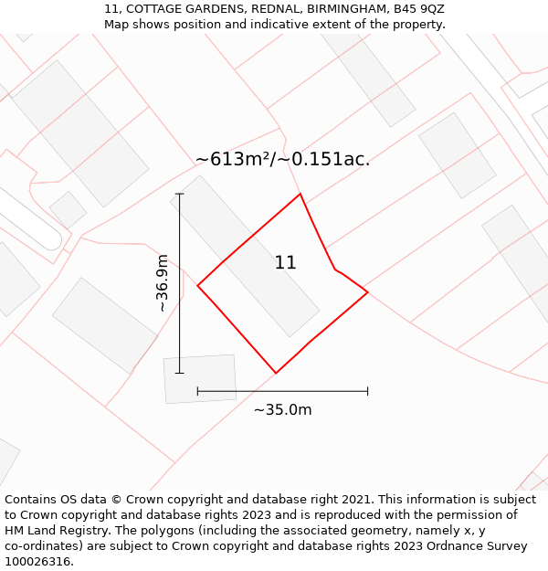 11, COTTAGE GARDENS, REDNAL, BIRMINGHAM, B45 9QZ: Plot and title map