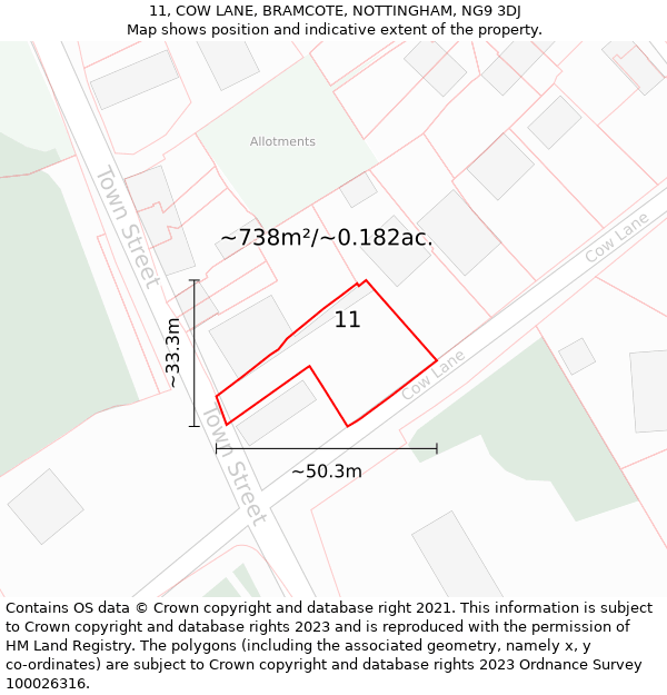 11, COW LANE, BRAMCOTE, NOTTINGHAM, NG9 3DJ: Plot and title map