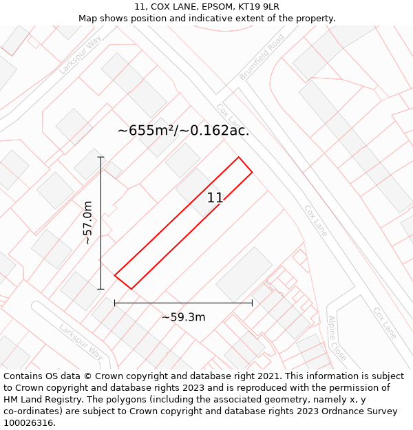 11, COX LANE, EPSOM, KT19 9LR: Plot and title map