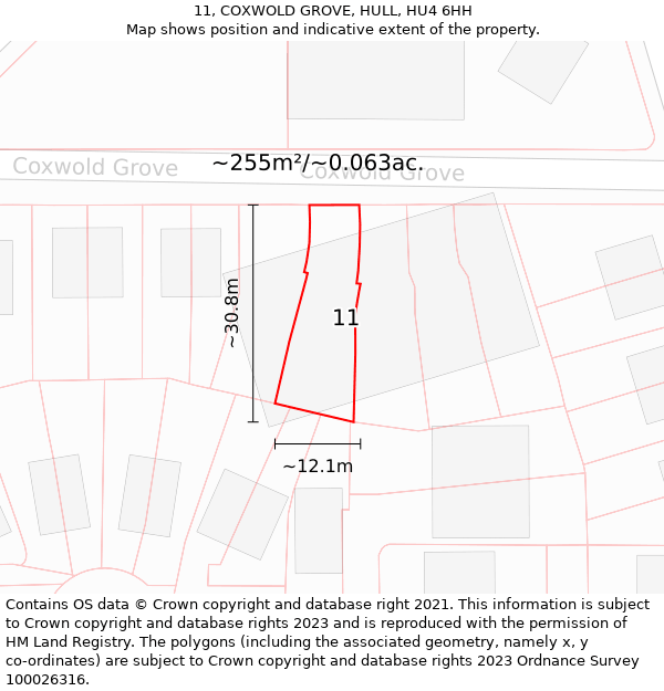 11, COXWOLD GROVE, HULL, HU4 6HH: Plot and title map