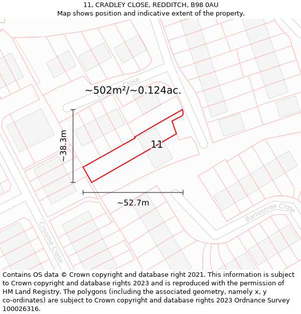 11, CRADLEY CLOSE, REDDITCH, B98 0AU: Plot and title map