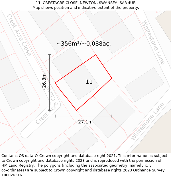 11, CRESTACRE CLOSE, NEWTON, SWANSEA, SA3 4UR: Plot and title map