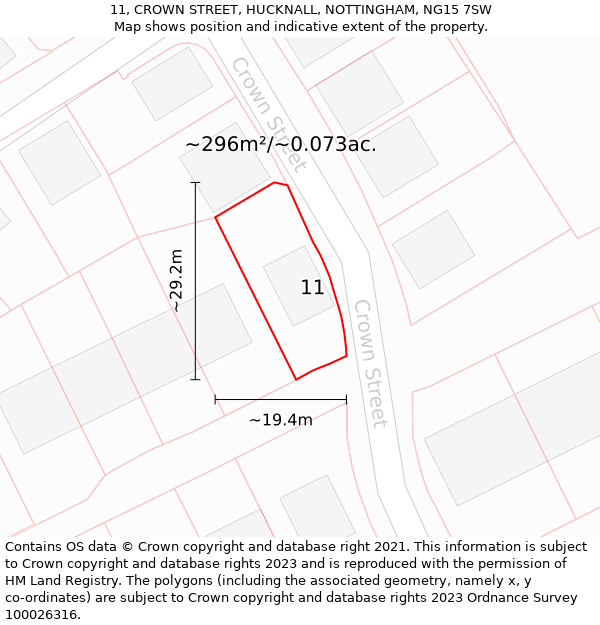 11, CROWN STREET, HUCKNALL, NOTTINGHAM, NG15 7SW: Plot and title map