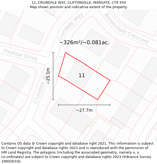 11, CRUNDALE WAY, CLIFTONVILLE, MARGATE, CT9 3YH: Plot and title map