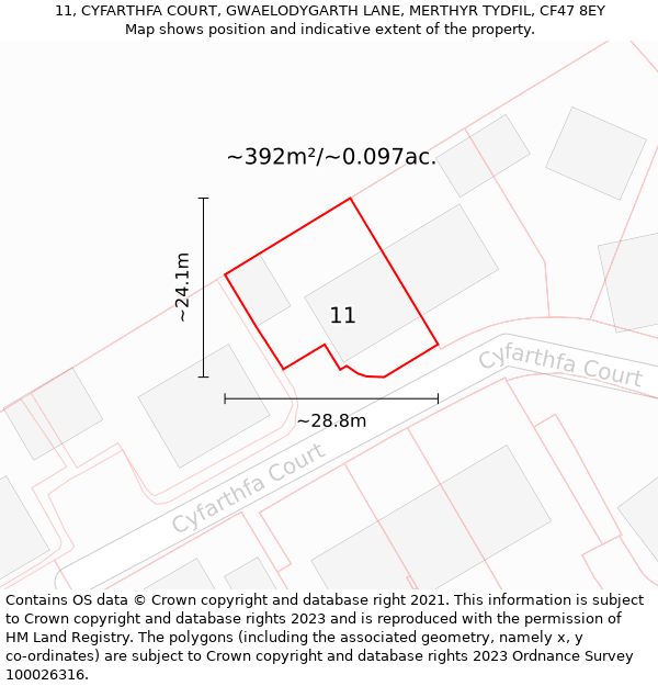 11, CYFARTHFA COURT, GWAELODYGARTH LANE, MERTHYR TYDFIL, CF47 8EY: Plot and title map