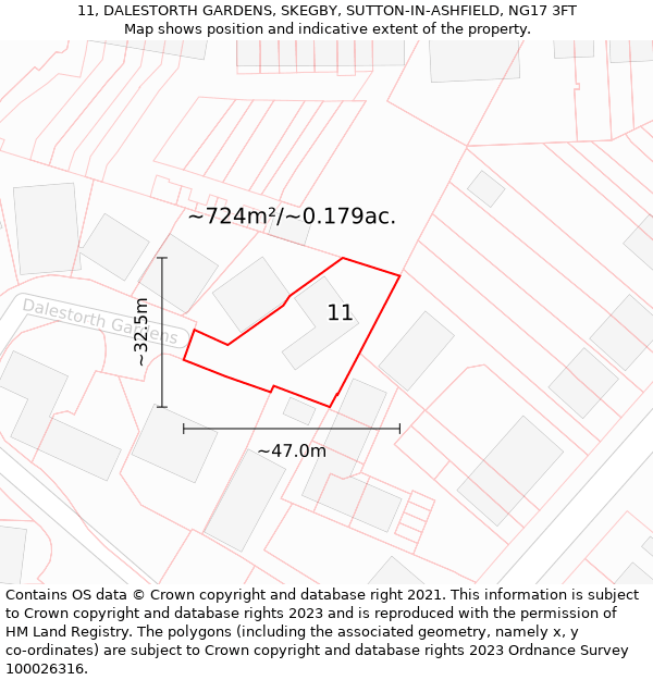 11, DALESTORTH GARDENS, SKEGBY, SUTTON-IN-ASHFIELD, NG17 3FT: Plot and title map