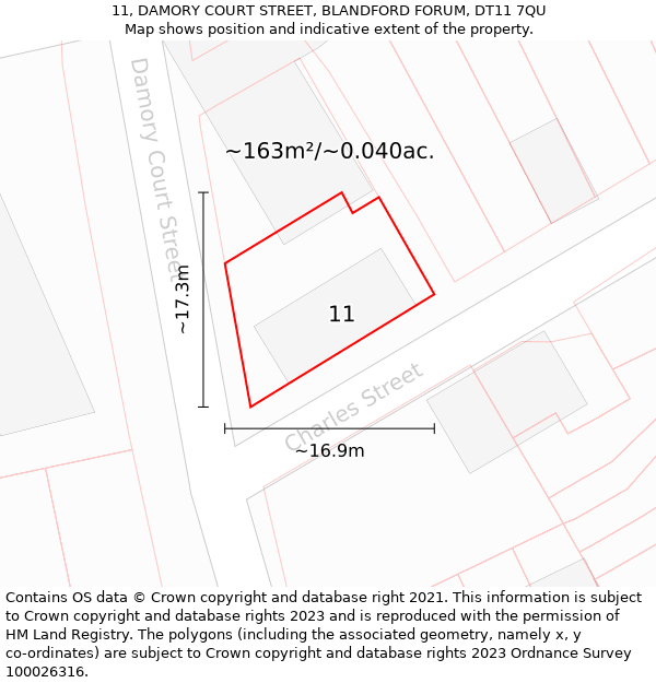 11, DAMORY COURT STREET, BLANDFORD FORUM, DT11 7QU: Plot and title map