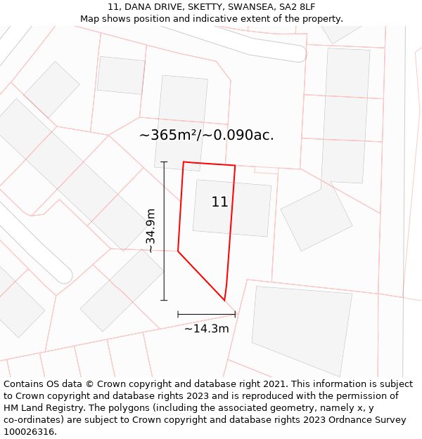 11, DANA DRIVE, SKETTY, SWANSEA, SA2 8LF: Plot and title map