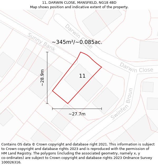 11, DARWIN CLOSE, MANSFIELD, NG18 4BD: Plot and title map