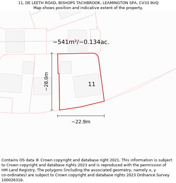 11, DE LEETH ROAD, BISHOPS TACHBROOK, LEAMINGTON SPA, CV33 9UQ: Plot and title map