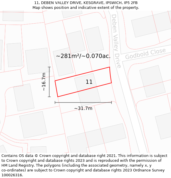 11, DEBEN VALLEY DRIVE, KESGRAVE, IPSWICH, IP5 2FB: Plot and title map