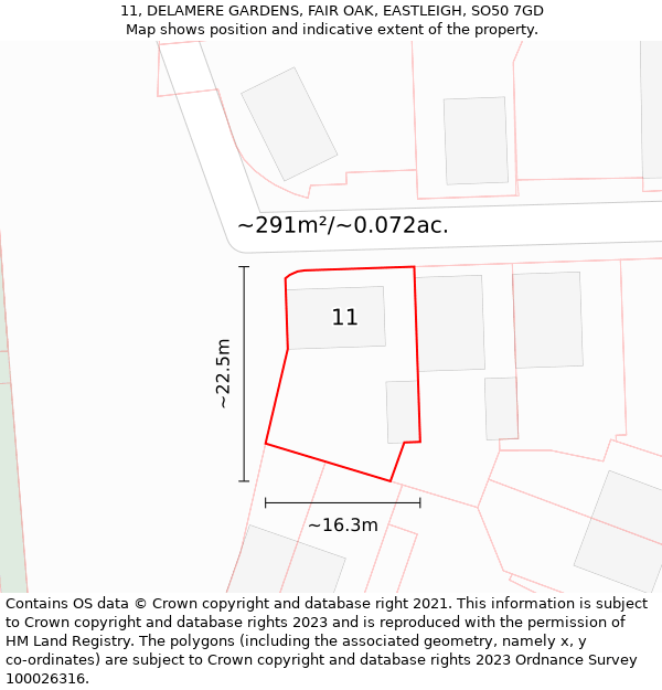 11, DELAMERE GARDENS, FAIR OAK, EASTLEIGH, SO50 7GD: Plot and title map