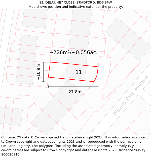 11, DELAUNEY CLOSE, BRADFORD, BD6 3PW: Plot and title map