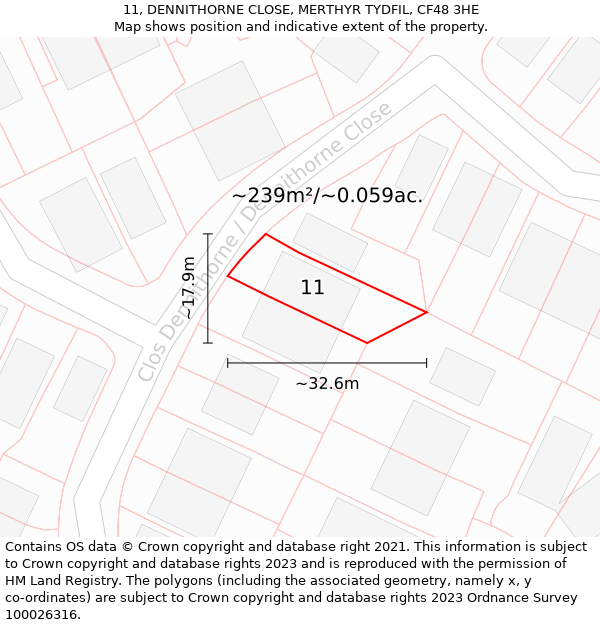 11, DENNITHORNE CLOSE, MERTHYR TYDFIL, CF48 3HE: Plot and title map