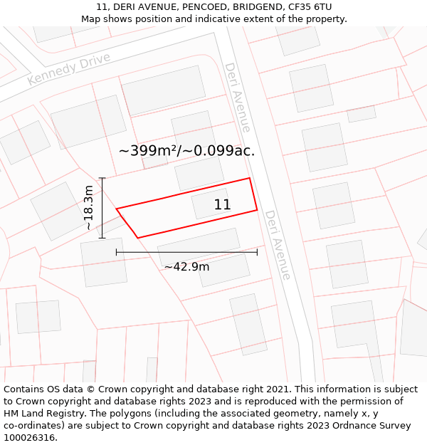 11, DERI AVENUE, PENCOED, BRIDGEND, CF35 6TU: Plot and title map