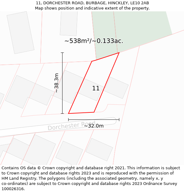 11, DORCHESTER ROAD, BURBAGE, HINCKLEY, LE10 2AB: Plot and title map