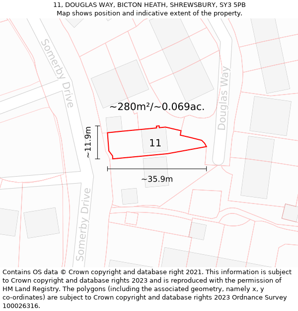 11, DOUGLAS WAY, BICTON HEATH, SHREWSBURY, SY3 5PB: Plot and title map