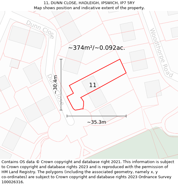 11, DUNN CLOSE, HADLEIGH, IPSWICH, IP7 5RY: Plot and title map