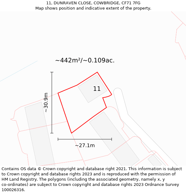 11, DUNRAVEN CLOSE, COWBRIDGE, CF71 7FG: Plot and title map