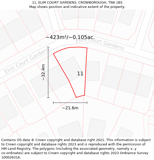 11, ELIM COURT GARDENS, CROWBOROUGH, TN6 1BS: Plot and title map