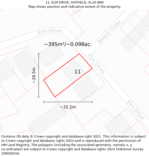 11, ELM DRIVE, HATFIELD, AL10 8NR: Plot and title map