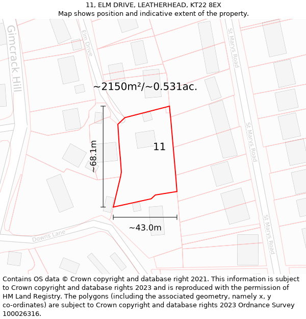 11, ELM DRIVE, LEATHERHEAD, KT22 8EX: Plot and title map