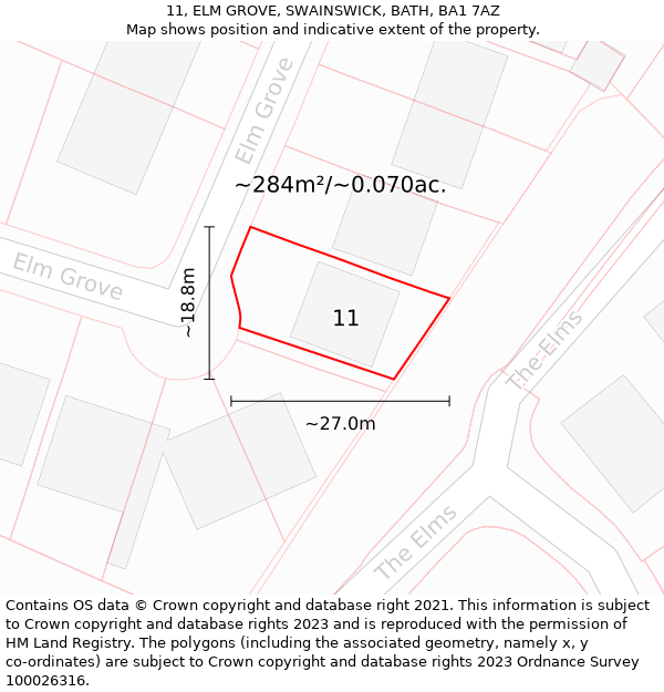 11, ELM GROVE, SWAINSWICK, BATH, BA1 7AZ: Plot and title map