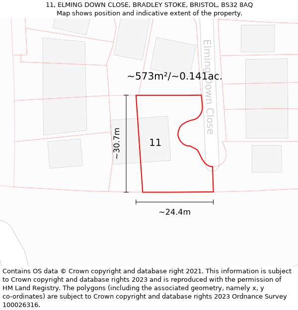 11, ELMING DOWN CLOSE, BRADLEY STOKE, BRISTOL, BS32 8AQ: Plot and title map
