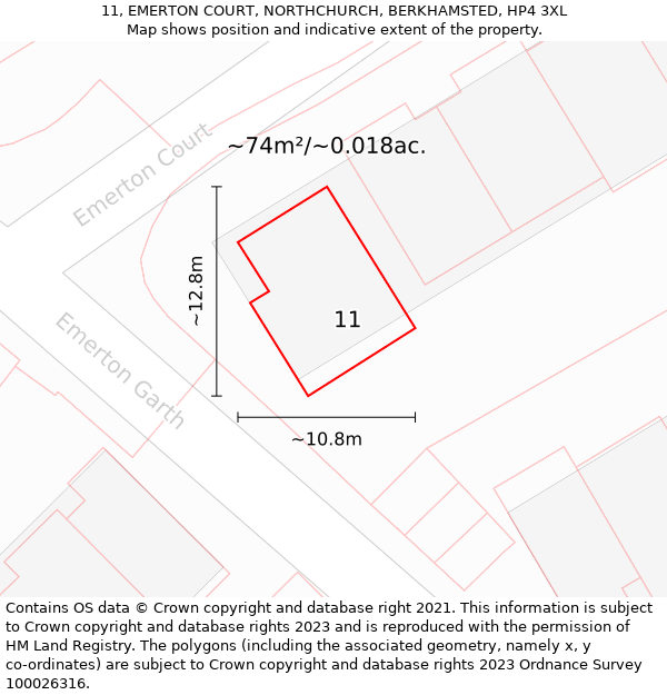 11, EMERTON COURT, NORTHCHURCH, BERKHAMSTED, HP4 3XL: Plot and title map