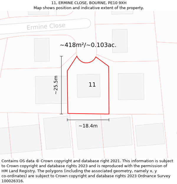 11, ERMINE CLOSE, BOURNE, PE10 9XH: Plot and title map