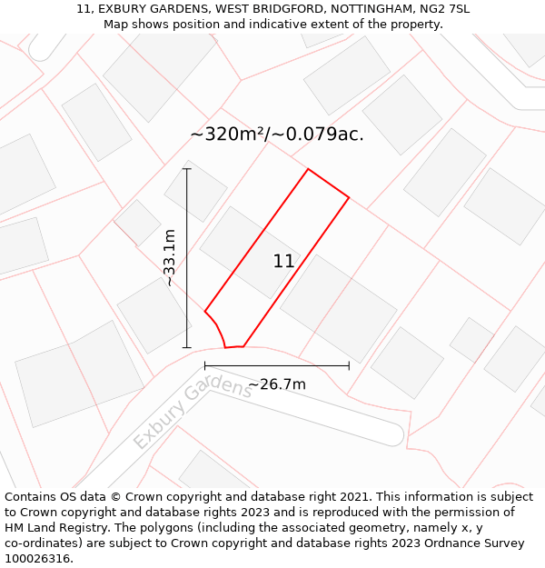 11, EXBURY GARDENS, WEST BRIDGFORD, NOTTINGHAM, NG2 7SL: Plot and title map