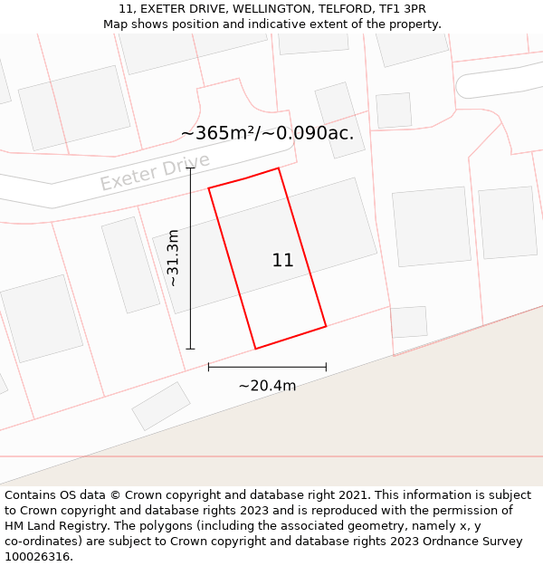 11, EXETER DRIVE, WELLINGTON, TELFORD, TF1 3PR: Plot and title map