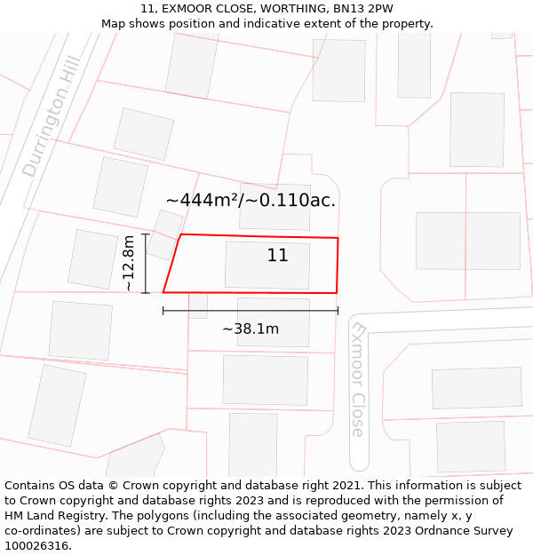 11, EXMOOR CLOSE, WORTHING, BN13 2PW: Plot and title map