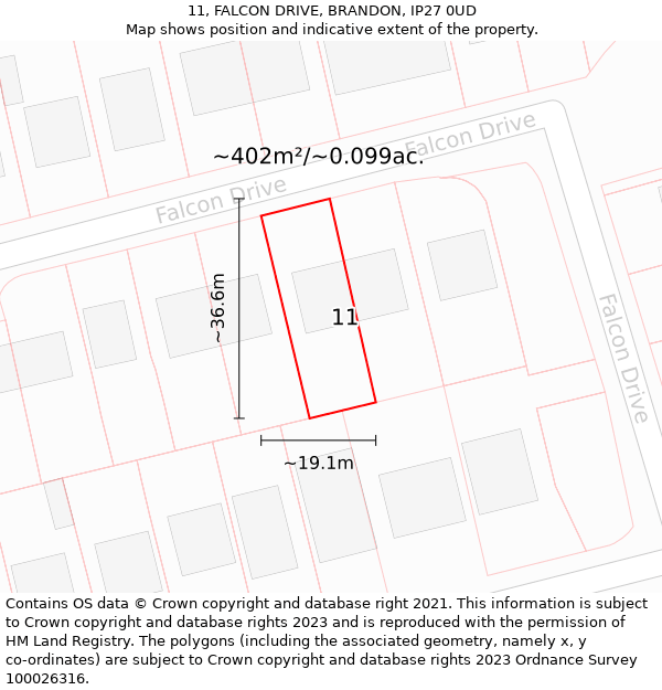 11, FALCON DRIVE, BRANDON, IP27 0UD: Plot and title map