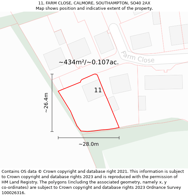 11, FARM CLOSE, CALMORE, SOUTHAMPTON, SO40 2AX: Plot and title map