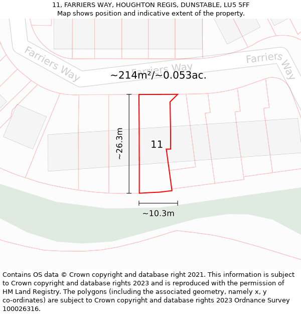 11, FARRIERS WAY, HOUGHTON REGIS, DUNSTABLE, LU5 5FF: Plot and title map