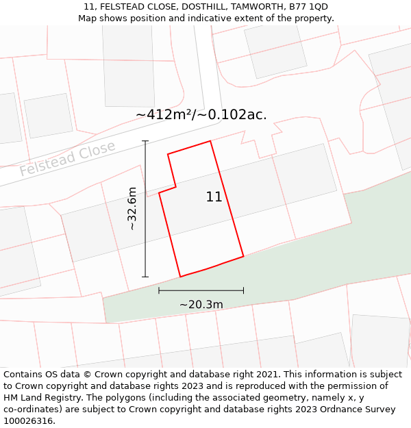 11, FELSTEAD CLOSE, DOSTHILL, TAMWORTH, B77 1QD: Plot and title map