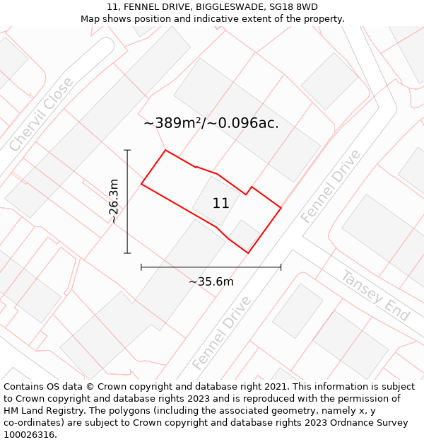 11, FENNEL DRIVE, BIGGLESWADE, SG18 8WD: Plot and title map