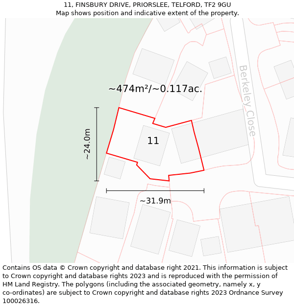 11, FINSBURY DRIVE, PRIORSLEE, TELFORD, TF2 9GU: Plot and title map