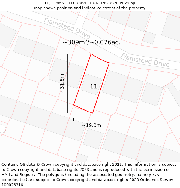 11, FLAMSTEED DRIVE, HUNTINGDON, PE29 6JF: Plot and title map